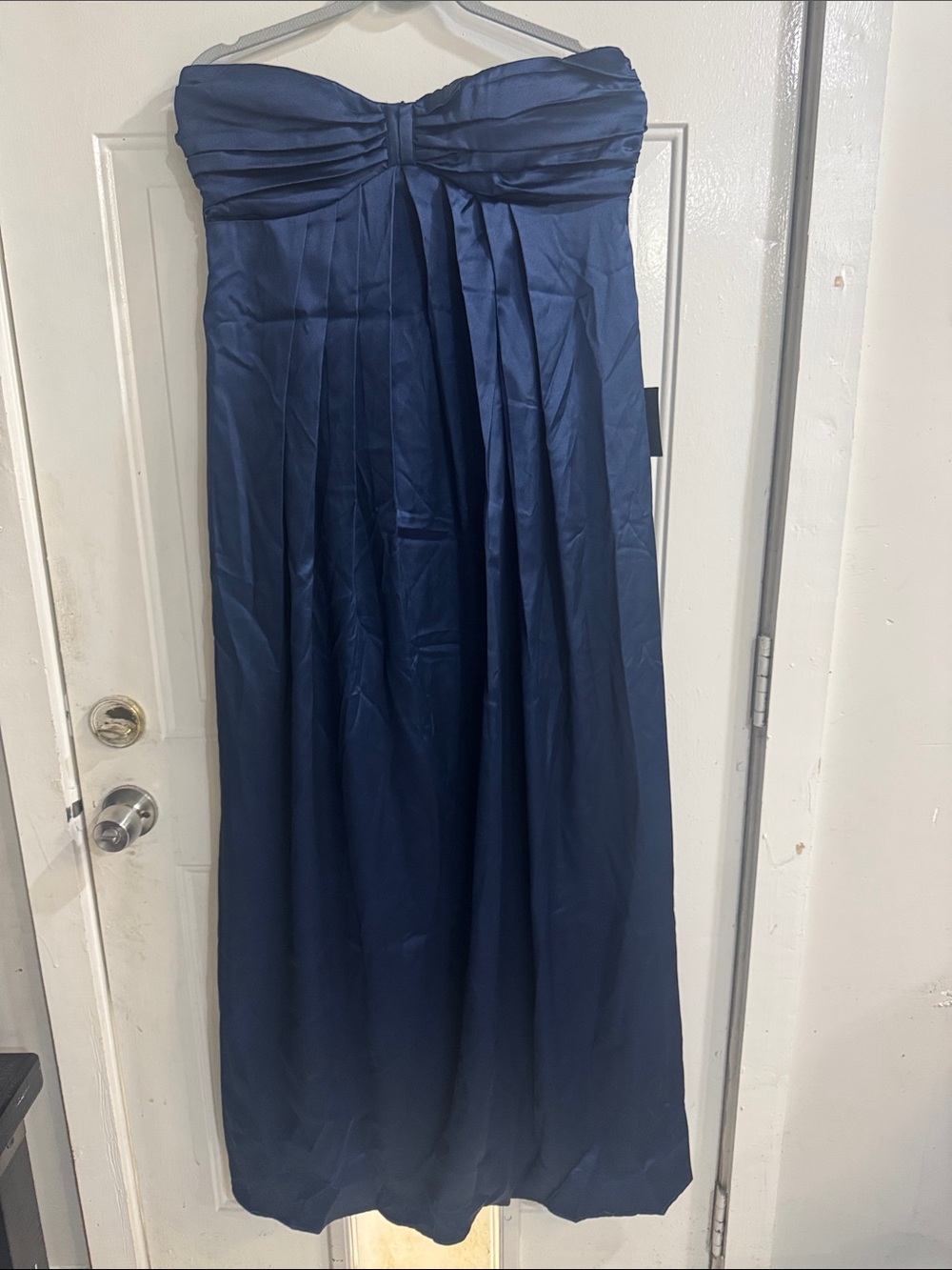 Lulu's Strapless Midnight Blue Satin Pleated Gown - Picture 4 of 10